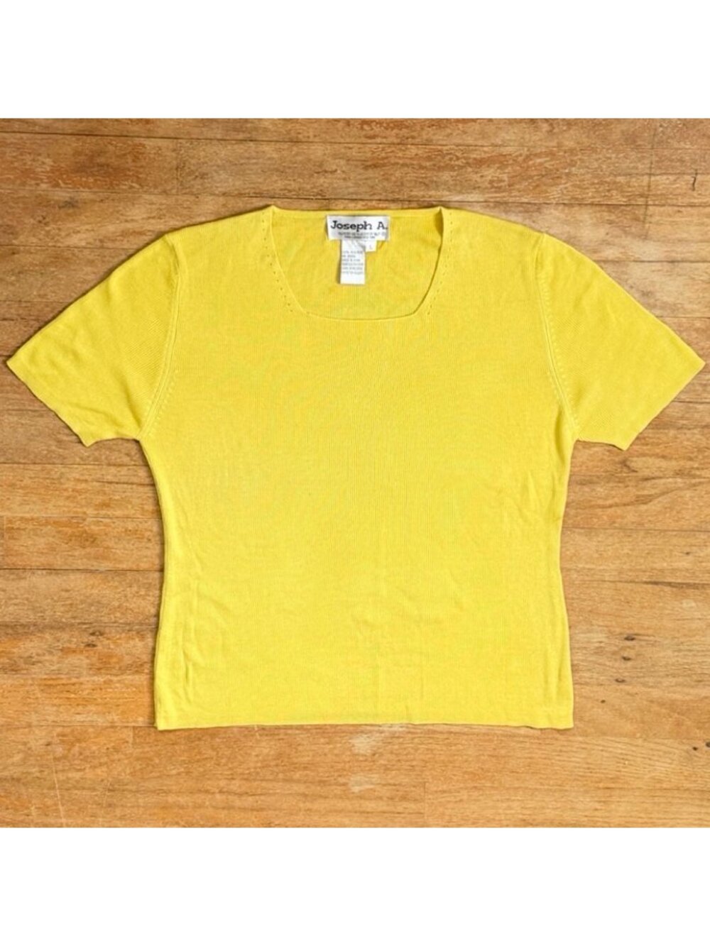 Vintage Ribbed Knit Silk Top Size Large 90s Yellow Short Sleeve Shirt Fitted